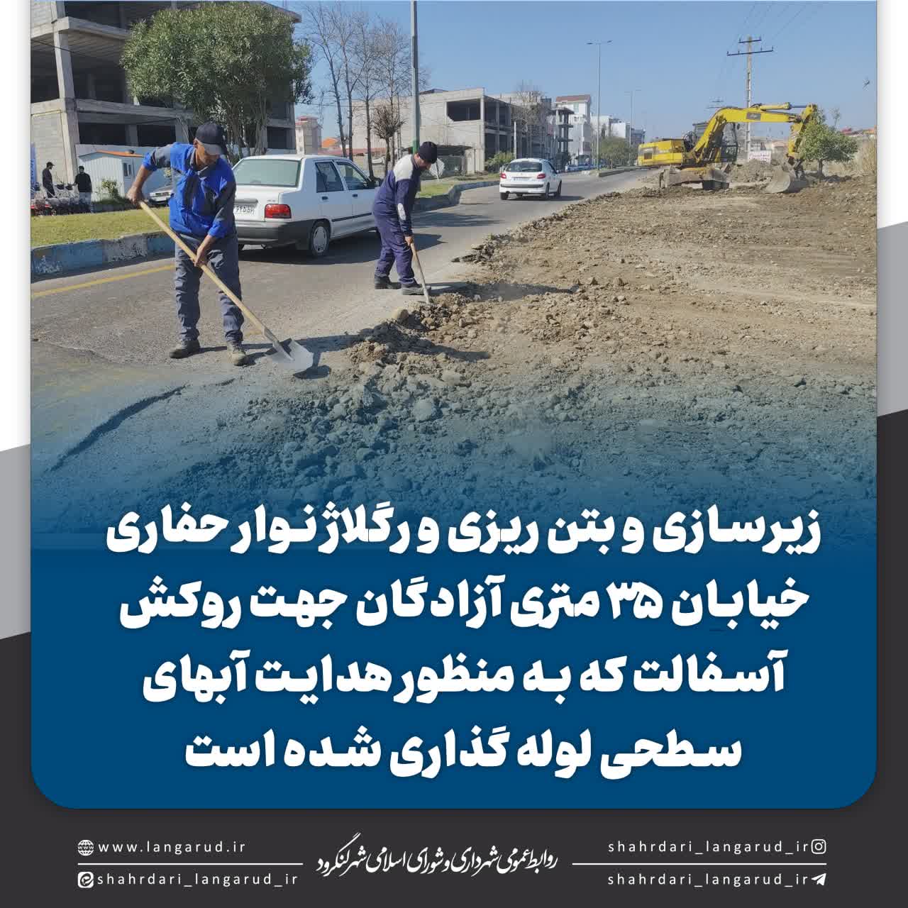  زیرسازی و بتن ریزی و رگلاژ نوار حفاری خیابان ۳۵ متری آزادگان جهت روکش آسفالت که به منظور هدایت آبهای سطحی لوله گذاری شده است